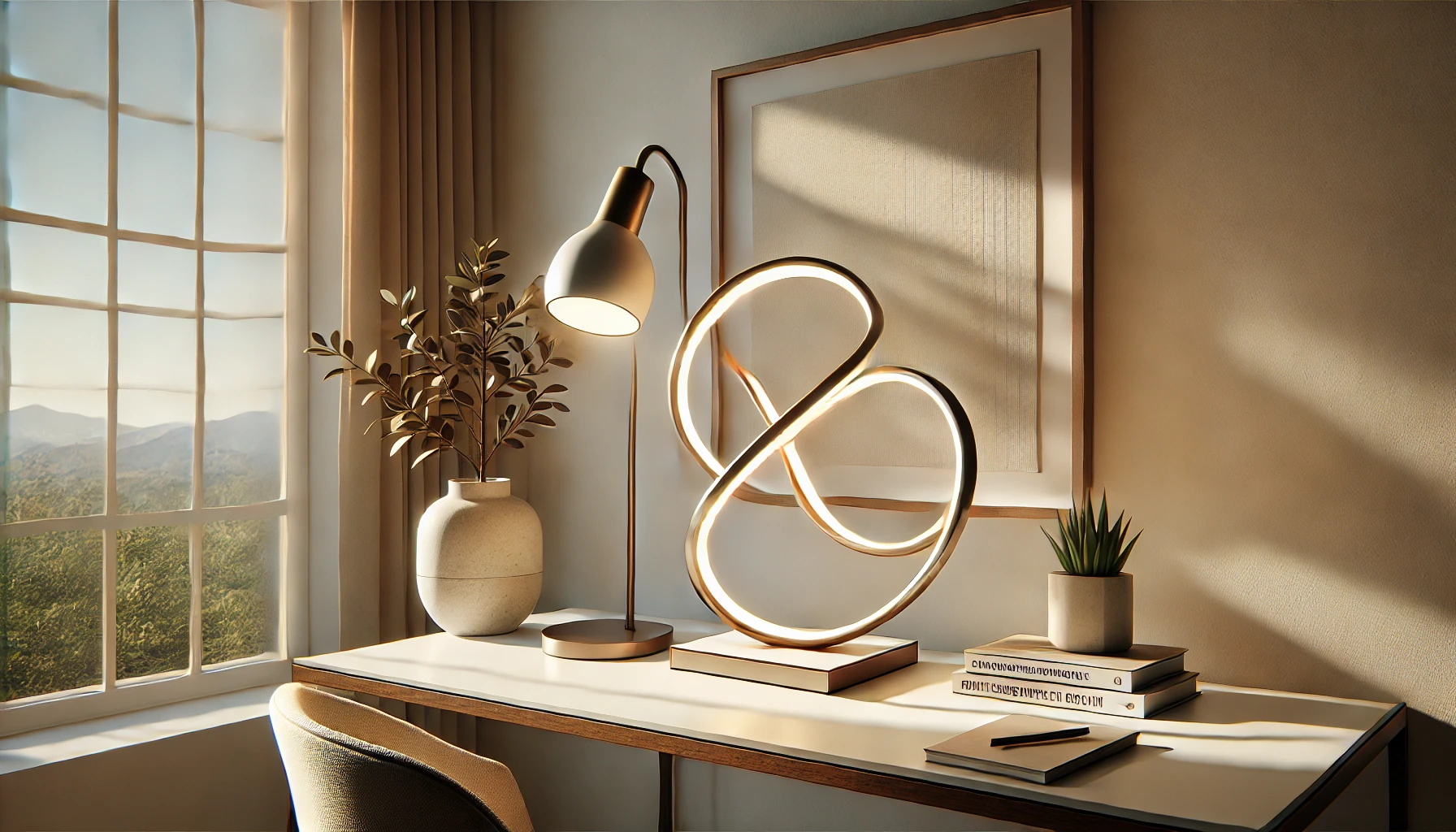 a lamp and plant on a desk